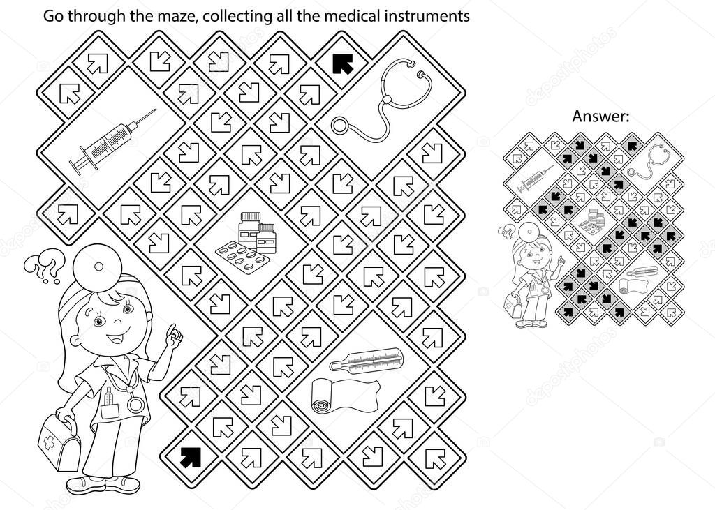 Maze or Labyrinth Game. Puzzle. Coloring Page Outline Of cartoon Doctor with medical tools. Coloring book for kids. Coloring book for kids.