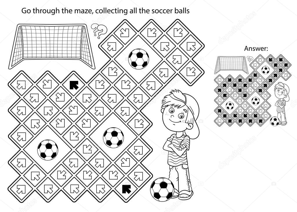 Maze or Labyrinth Game. Puzzle. Coloring Page Outline Of cartoon boy with soccer ball. Football. Sport activity. Coloring book for kids.