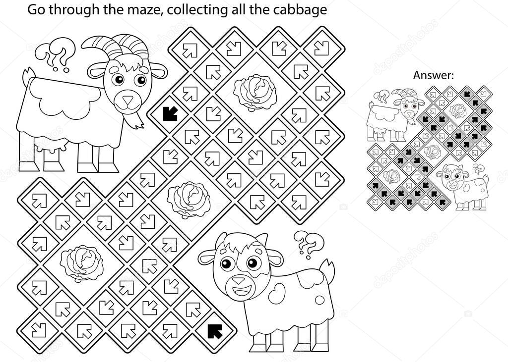 Maze or Labyrinth Game. Puzzle. Coloring Page Outline Of cartoon goat with goatling or kid. Farm animals with their cubs. Coloring book for kids.
