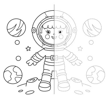 Simetrik olarak çiz. Noktaları birleştir. İzleme çizelgesi. Uzaydaki çizgi film astronotunun boyama sayfası. Küçük uzay adamı ya da kozmonot. Çocuklar için Boyama Kitabı.