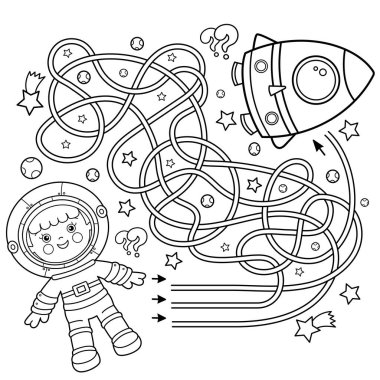 Labirent ya da Labirent Oyunu. Bulmaca. Uzayda roketi olan çizgi film astronotunun ana hatları. Küçük uzay adamı ya da kozmonot. Çocuklar için boyama kitabı.