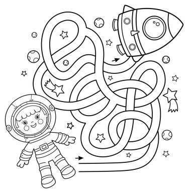 Labirent ya da Labirent Oyunu. Bulmaca. Uzayda roketi olan çizgi film astronotunun ana hatları. Küçük uzay adamı ya da kozmonot. Çocuklar için boyama kitabı.