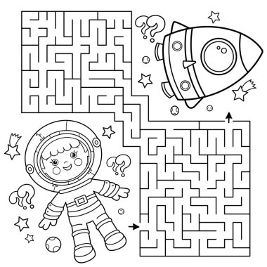 Labirent ya da Labirent Oyunu. Bulmaca. Uzayda roketi olan çizgi film astronotunun ana hatları. Küçük uzay adamı ya da kozmonot. Çocuklar için boyama kitabı.