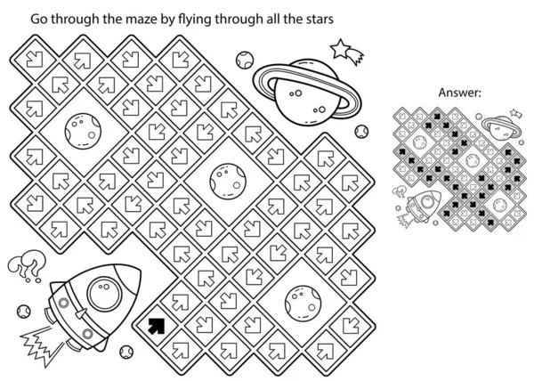 Labyrint Nebo Labyrint Puzzle Zbarvení Stránky Obrys Kreslené Rakety Vesmíru — Stockový vektor