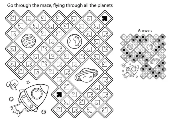 Labyrinth Oder Labyrinth Spiel Puzzle Malvorlagen Umriss Der Cartoon Rakete — Stockvektor