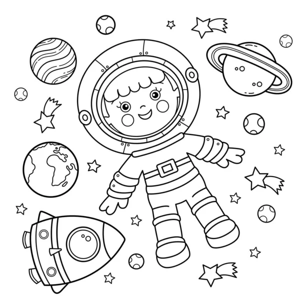 Zbarvení Stránky Obrys Kresleného Astronauta Raketou Vesmíru Malý Kosmonaut Nebo — Stockový vektor