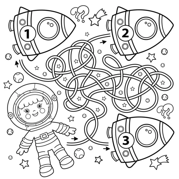 Maze Labyrinth Game Puzzle Coloring Page Outline Cartoon Astronaut Rocket — Stock Vector
