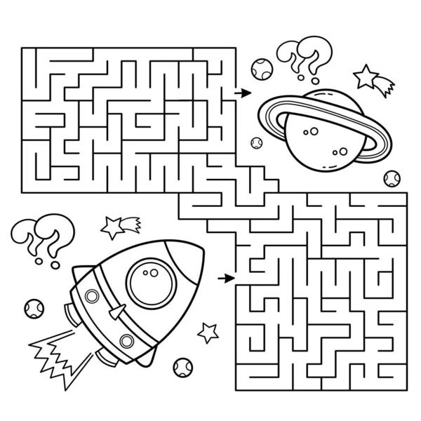 Maze Vagy Labirintus Játék Rejtvény Színező Oldal Vázlata Rajzfilm Rakéta — Stock Vector