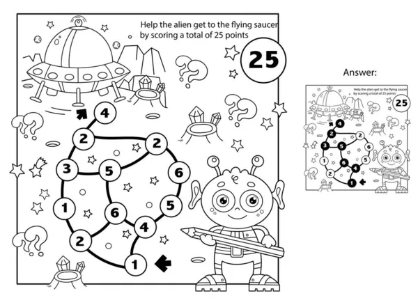 迷路や迷路ゲーム パズルだ ぬりえページ概要宇宙の惑星上の空飛ぶ円盤を持つ漫画のエイリアンの概要 子供のためのぬり絵 — ストックベクタ