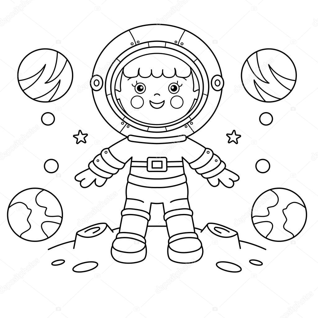 Coloring Page Outline Of a cartoon astronaut in spacesuit on planet. Space. Coloring book for kids.