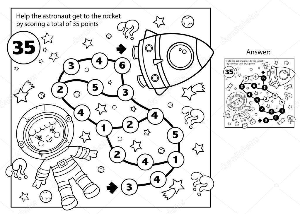 Maze or Labyrinth Game. Puzzle. Coloring Page Outline Of cartoon astronaut with rocket in space. Little spaceman or cosmonaut. Coloring book for kids.