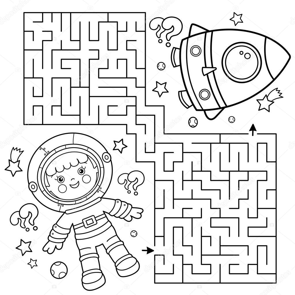 Maze or Labyrinth Game. Puzzle. Coloring Page Outline Of cartoon astronaut with rocket in space. Little spaceman or cosmonaut. Coloring book for kids.