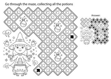 Labirent ya da Labirent Oyunu. Bulmaca. Büyülü çömleği olan küçük bir cadının çizgi roman taslağı. Sihirli iksir ve büyücülük. Çocuklar için boyama kitabı.