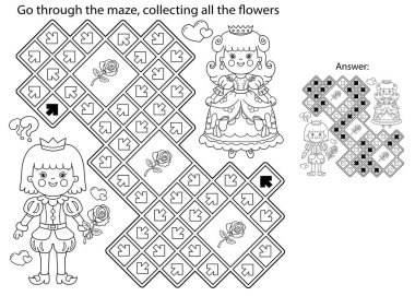 Labirent ya da Labirent Oyunu. Bulmaca. Çizgi filmin ana hatlarını boyayan güzel prensle güzel prensesi. Külkedisi. Peri masalı. Çocuklar için boyama kitabı.