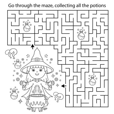 Labirent ya da Labirent Oyunu. Bulmaca. Büyülü çömleği olan küçük bir cadının çizgi roman taslağı. Sihirli iksir ve büyücülük. Çocuklar için boyama kitabı.