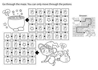 Labirent ya da Labirent Oyunu. Bulmaca. Süpürgedeki kedi ve esrarlı küçük cadının ana hatlarını boyamak. Cadılar Bayramı. Çocuklar için boyama kitabı.