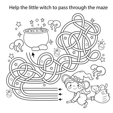 Labirent ya da Labirent Oyunu. Bulmaca. Karışık yol. Süpürgedeki kedi ve esrarlı küçük cadının ana hatlarını boyamak. Cadılar Bayramı. Çocuklar için boyama kitabı.