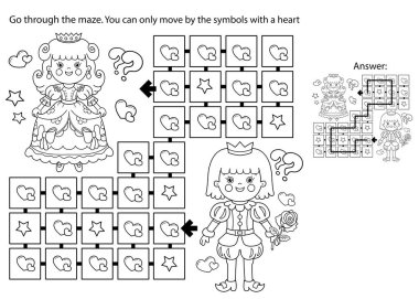 Labirent ya da Labirent Oyunu. Bulmaca. Çizgi filmin ana hatlarını boyayan güzel prensle güzel prensesi. Külkedisi. Peri masalı. Çocuklar için boyama kitabı.