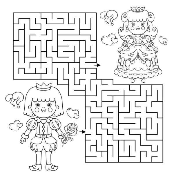 Maze Labyrinth Game Puzzle Coloring Page Outline Cartoon Lovely Prince — Stock Vector