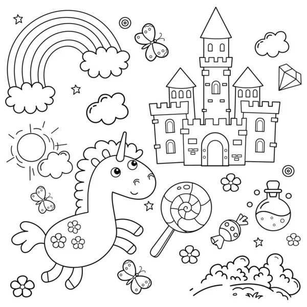 Coloriage Contour Dessin Animé Belle Licorne Magique Château Royal Héros — Image vectorielle