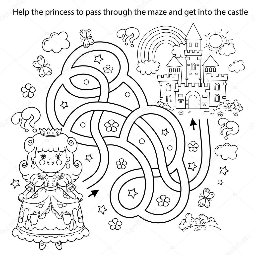 Maze or Labyrinth Game. Puzzle. Tangled road. Coloring Page Outline Of cartoon lovely princess. Beautiful young queen. Royal castle or palace. Fairy tale. Coloring book for kids.