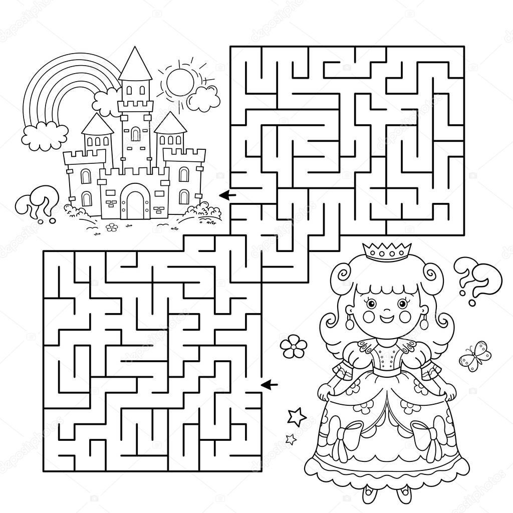 Maze or Labyrinth Game. Puzzle. Coloring Page Outline Of cartoon lovely princess. Beautiful young queen. Royal castle or palace. Fairy tale. Coloring book for kids.