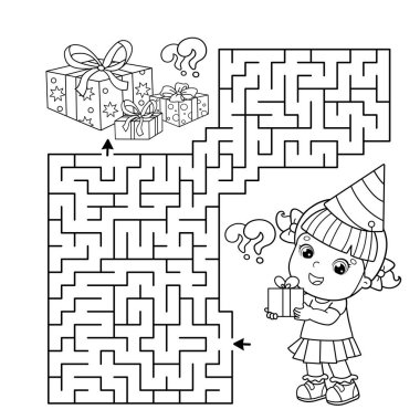 Labirent ya da Labirent Oyunu. Bulmaca. Çizgi filmdeki hediyeli küçük kızın ana hatlarını boyamak. Doğum günü. Çocuklar için boyama kitabı.