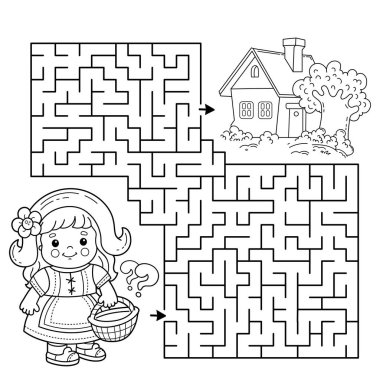 Labirent ya da Labirent Oyunu. Bulmaca. Çizgi film karakteri, elinde sepetle eve yürüyen tatlı bir kızın ana hatları. Küçük kırmızı başlıklı. Peri masalı. Çocuklar için boyama kitabı.