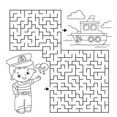 Labirent ya da Labirent Oyunu. Bulmaca. Geminin yanındaki karikatür denizcisinin boyama sayfası. Mesleğiniz. Çocuklar için boyama kitabı. Çocuklar için boyama kitabı.