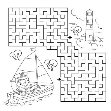 Labirent ya da Labirent Oyunu. Bulmaca. Denizciyle karikatür yelkenli gemisinin rengarenk sayfası. Mesleğiniz. Çocuklar için boyama kitabı. Çocuklar için boyama kitabı.