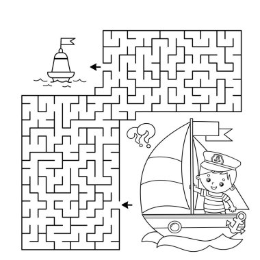 Labirent ya da Labirent Oyunu. Bulmaca. Denizciyle karikatür yelkenli gemisinin rengarenk sayfası. Mesleğiniz. Çocuklar için boyama kitabı. Çocuklar için boyama kitabı.