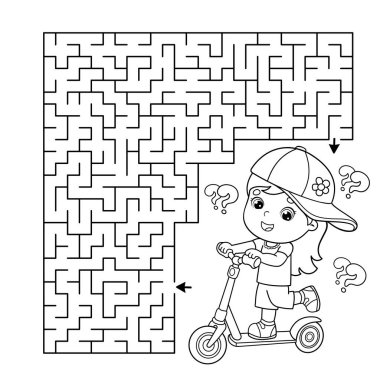 Labirent ya da Labirent Oyunu. Bulmaca. Scooter 'ı olan çizgi film kızlarının ana hatlarını boyamak. Spor aktivitesi. Çocuklar için boyama kitabı.