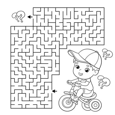 Labirent ya da Labirent Oyunu. Bulmaca. Bisikletli ya da bisikletli çizgi film karakteri. Spor aktivitesi. Çocuklar için boyama kitabı.