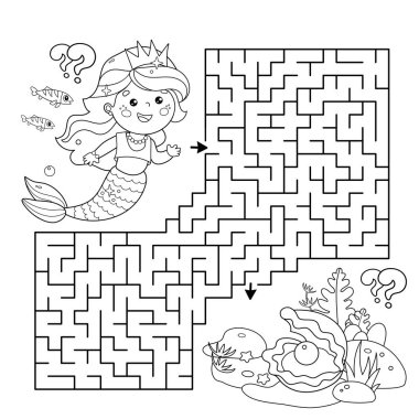 Labirent ya da Labirent Oyunu. Bulmaca. Çizgi filmin rengarenk sayfası. Güzel küçük denizkızı. Deniz Prensesi. Su altı dünyası. Çocuklar için boyama kitabı.