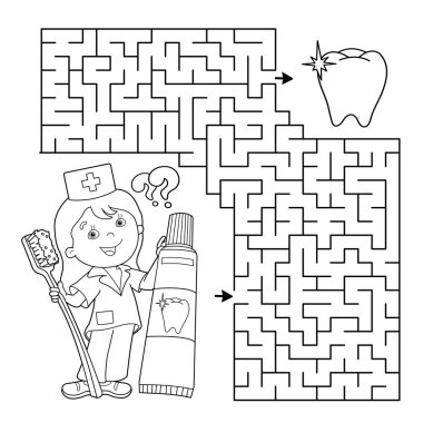 Labirent ya da Labirent Oyunu. Bulmaca. Diş fırçası ve diş macunuyla karikatür doktorunun boyama sayfası. Çocuklar için boyama kitabı.