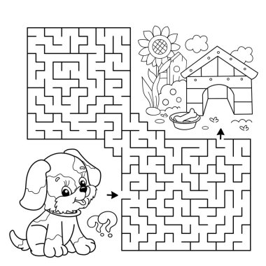 Labirent ya da Labirent Oyunu. Bulmaca. Köpek kulübesi ya da köpek kulübesi olan çizgi filmlerin ana hatları. Çocuklar için boyama kitabı.