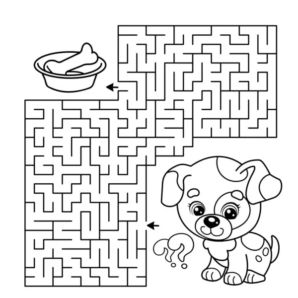 Maze Labyrinth Game Puzzle Coloring Page Outline Cartoon Little Dog — Stock Vector