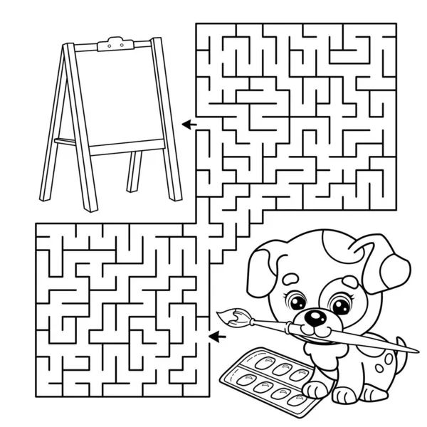 Laberinto Juego Laberinto Puzzle Página Para Colorear Esquema Pequeño Perro — Vector de stock