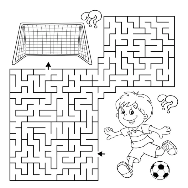 Maze Labyrinth Game Puzzle Coloring Page Outline Cartoon Boy Soccer — Stock Vector