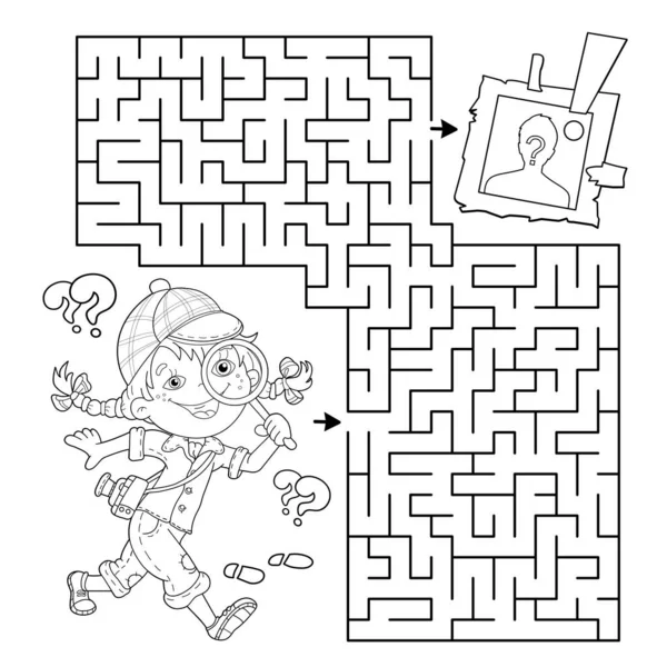 Doolhof Labyrint Spel Een Puzzel Kleurplaat Outline Van Cartoon Meisje — Stockvector