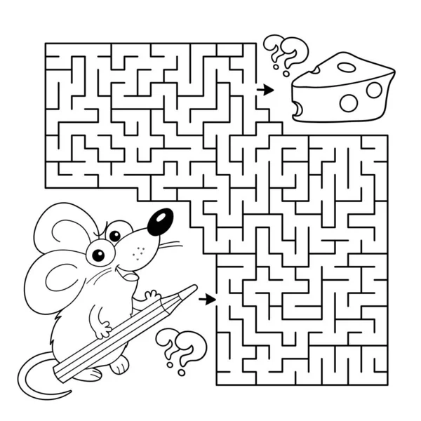 迷路や迷路ゲーム パズルだ ぬりえページ概要鉛筆で漫画楽しいマウスの概要 チーズを全部集めろ 子供のためのぬり絵 — ストックベクタ