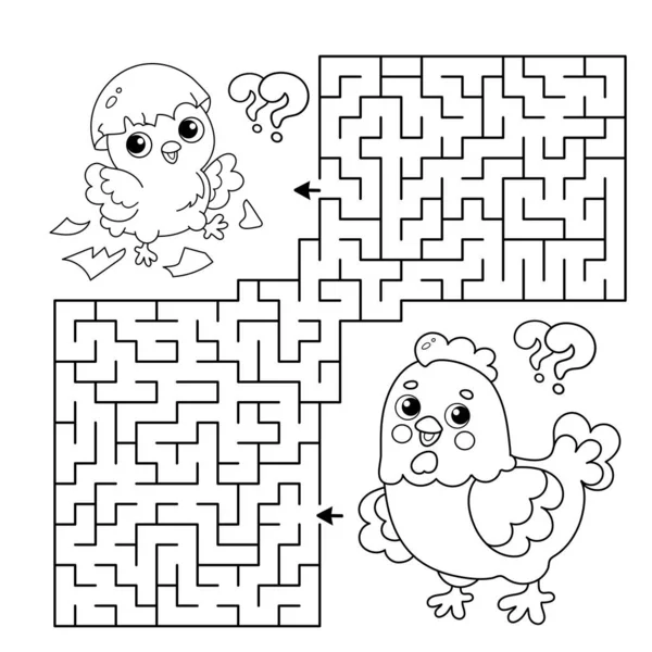 Labyrint Eller Labyrint Spel Pussel Färgläggning Sida Kontur Tecknad Kyckling — Stock vektor