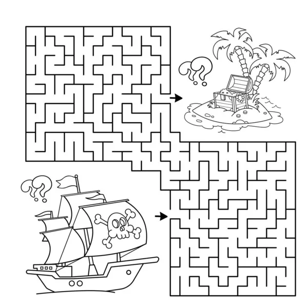 Labyrinthe Jeu Labyrinthe Puzzle Coloriage Aperçu Bateau Pirate Bande Dessinée — Image vectorielle