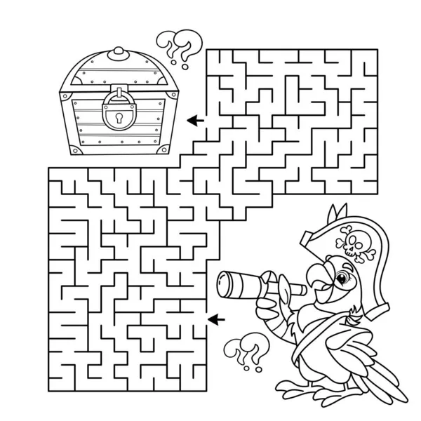 迷路や迷路ゲーム パズルだ ぬりえページ望遠鏡で漫画オウム海賊の概要 子供のためのぬり絵 — ストックベクタ