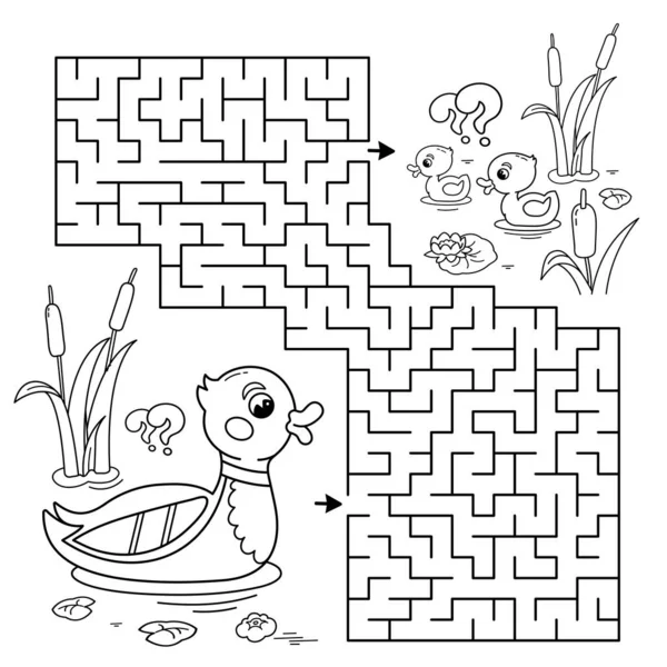 迷宫或迷宫游戏 卡通鸭与小鸭的彩色页面轮廓 儿童彩色书 — 图库矢量图片