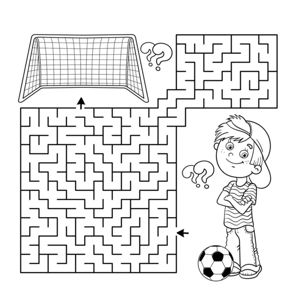 Maze Labyrinth Game Puzzle Coloring Page Outline Cartoon Boy Soccer — Stock Vector