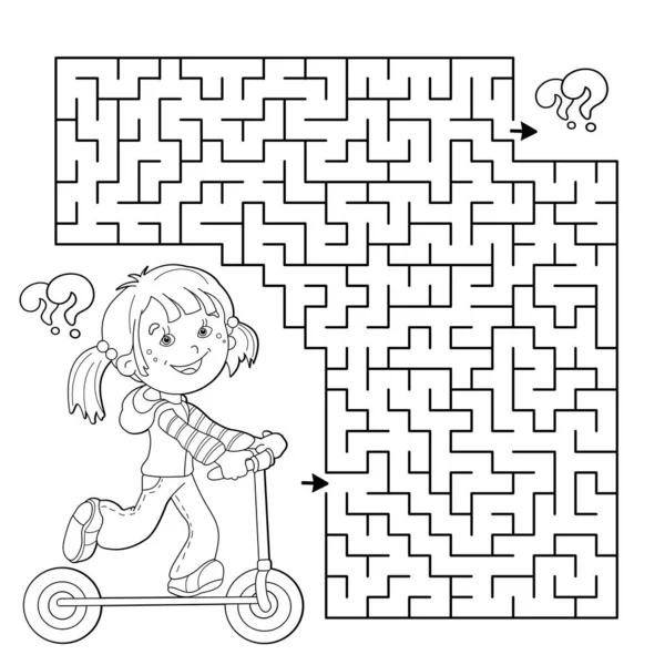 Maze Vagy Labirintus Játék Rejtvény Színező Oldal Vázlata Rajzfilm Lány — Stock Vector