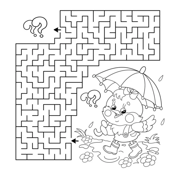 迷宫或迷宫游戏 图片说明 雨伞下的卡通小鸡或小鸡 儿童彩色书 — 图库矢量图片