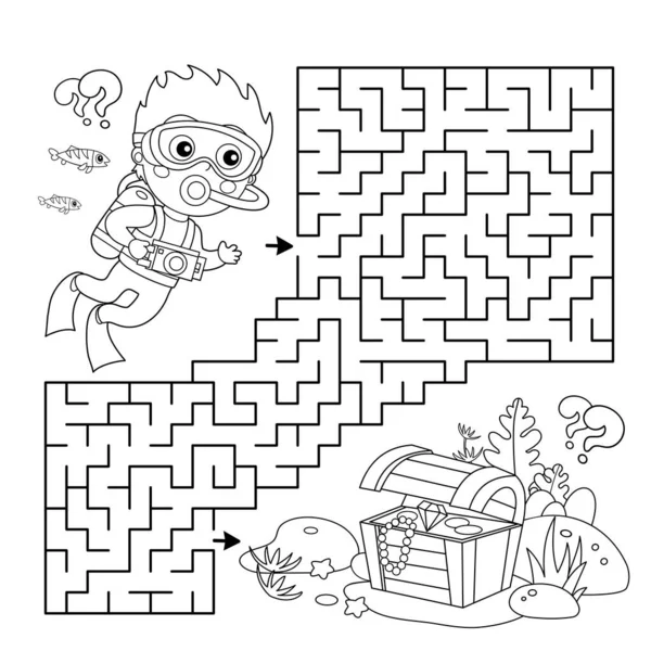 Maze Labyrinth Game Puzzle Coloring Page Outline Cartoon Boy Scuba — Stock Vector