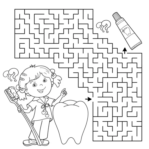 Doolhof Labyrint Spel Een Puzzel Kleurplaat Overzicht Van Cartoon Meisje — Stockvector